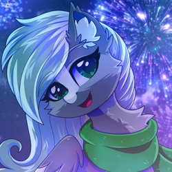 Size: 1500x1500 | Tagged: safe, artist:stormcloud, derpibooru import, oc, oc only, oc:jade stonesetter, pegasus, pony, bust, chest fluff, clothes, commission, cute, ear fluff, ears, eyebrows, eyebrows visible through hair, female, fireworks, green eyes, heart, heart eyes, looking away, mare, night, open mouth, open smile, pegasus oc, portrait, scarf, smiling, solo, wingding eyes, ych result