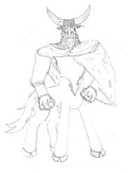 Size: 628x844 | Tagged: safe, artist:mediocre-grimm, derpibooru import, lord tirek, centaur, taur, beard, black sclera, clothes, cloven hooves, facial hair, horns, nose piercing, pencil drawing, piercing, poncho, septum piercing, the man with no name, traditional art, western