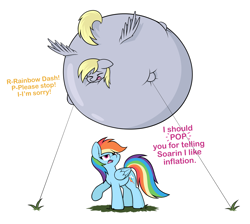 Size: 3000x2691 | Tagged: safe, artist:aaathebap, derpibooru import, derpy hooves, rainbow dash, pegasus, pony, belly, big belly, blimp, duo, ears, female, floppy ears, implied popping, inflation, mare, rainbow dash is not amused, scared, spherical inflation, text, unamused