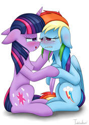 Size: 2480x3507 | Tagged: safe, artist:twidasher, derpibooru import, rainbow dash, twilight sparkle, unicorn twilight, pegasus, pony, unicorn, blushing, crying, ears, feather, female, floppy ears, holding hooves, lesbian, looking at each other, looking at someone, shipping, signature, simple background, sitting, twidash, white background