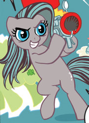 Size: 309x425 | Tagged: safe, derpibooru import, idw, marine sandwich, spoiler:comic, spoiler:comicff01, blue eyes, evil grin, gray coat, grin, midair, multicolored mane, multicolored tail, smiling, tail