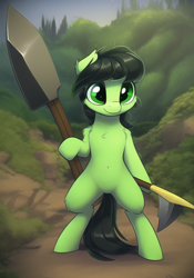 Size: 512x732 | Tagged: safe, derpibooru import, machine learning generated, oc, oc:anon filly, earth pony, belly button, bipedal, chest fluff, female, filly, foal, shovel, solo