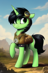Size: 512x768 | Tagged: safe, derpibooru import, machine learning generated, oc, oc:anon filly, unicorn, female, filly, foal, goggles, goggles on head, steampunk