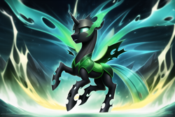 Size: 768x512 | Tagged: safe, derpibooru import, machine learning generated, changeling, armor, changeling armor, green changeling