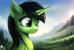 Size: 768x512 | Tagged: safe, derpibooru import, machine learning generated, oc, oc:anon filly, unicorn, female, filly, foal, scenery
