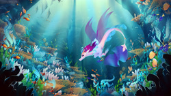 Size: 3733x2100 | Tagged: safe, artist:littlepolly, derpibooru import, queen novo, fish, seapony (g4), my little pony: the movie, beautiful, clothes, colored pupils, coral, crepuscular rays, crown, digital art, dorsal fin, female, fin wings, fins, fish tail, flowing mane, flowing tail, high res, jewelry, ocean, purple eyes, regalia, seaweed, see-through, solo, sunlight, swimming, tail, underwater, water, wings