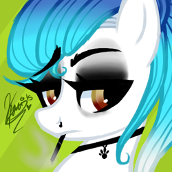 Size: 500x500 | Tagged: safe, artist:conflei, derpibooru import, oc, oc only, earth pony, pony, abstract background, bust, choker, cigarette, earth pony oc, makeup, signature, smoking, tattoo