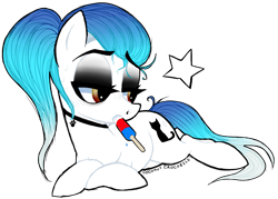 Size: 1201x860 | Tagged: safe, artist:conflei, derpibooru import, oc, oc only, earth pony, pony, bedroom eyes, choker, earth pony oc, food, lying down, popsicle, prone, simple background, solo, transparent background