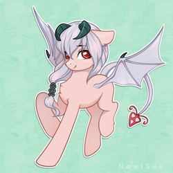 Size: 2500x2500 | Tagged: safe, artist:inowiseei, derpibooru import, oc, demon, demon pony, bat wings, female, green background, mare, simple background, solo, wings