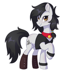Size: 1266x1444 | Tagged: safe, artist:skysorbett, derpibooru import, oc, oc only, oc:double m, earth pony, pony, 2023 community collab, bell, bell collar, black mane, black tail, boots, brown eyes, clothes, collar, derpibooru community collaboration, earth pony oc, jacket, looking at you, male, shoes, simple background, smiling, smiling at you, solo, stallion, tail, transparent background, white coat