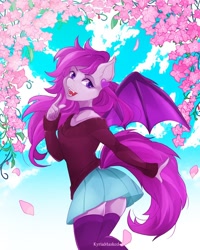 Size: 800x1000 | Tagged: safe, artist:kyriamask, derpibooru import, oc, oc only, anthro, bat pony, boobs and butt pose, clothes, commission, ear piercing, earring, flower, jewelry, necklace, piercing, skirt, smiling, socks