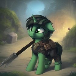 Size: 640x640 | Tagged: safe, derpibooru import, machine learning generated, oc, oc:anon filly, pony, unicorn, adventurer, female, filly, foal, weapon