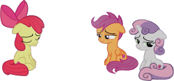 Size: 1307x612 | Tagged: safe, artist:pascalmulokozi2, derpibooru import, edit, edited screencap, screencap, apple bloom, scootaloo, sweetie belle, earth pony, pegasus, pony, unicorn, growing up is hard to do, background removed, cutie mark crusaders, depressed, ears, eyes closed, female, filly, floppy ears, foal, not a vector, sad, simple background, transparent background, trio, trio female