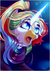 Size: 2760x3920 | Tagged: safe, artist:honeybbear, derpibooru import, oc, hippogriff, hybrid, bust, female, horn, magic, multicolored hair, portrait, rainbow hair, solo