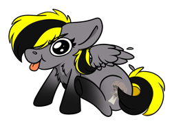 Size: 957x728 | Tagged: safe, artist:rokosmith26, derpibooru import, oc, oc only, oc:nuclear night, pegasus, pony, angy, big eyes, cheeky, chest fluff, chibi, commission, cute, derp, ears, female, floppy ears, mare, pegasus oc, simple background, sitting, solo, spread wings, tongue, tongue out, transparent background, underhoof, wings, ych result, your character here