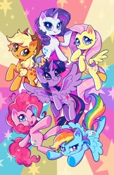 Size: 2650x4096 | Tagged: safe, artist:_tonestar_, derpibooru import, applejack, fluttershy, pinkie pie, rainbow dash, rarity, twilight sparkle, twilight sparkle (alicorn), alicorn, earth pony, pegasus, pony, unicorn, flying, heart, heart eyes, mane six, one eye closed, smiling, spread wings, starry eyes, wingding eyes, wings, wink