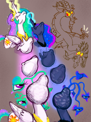 Size: 2048x2732 | Tagged: safe, artist:ja0822ck, derpibooru import, discord, princess celestia, princess luna, the ending of the end, celestia is not amused, cyriak, food, luna is not amused, melon, not salmon, transformation, unamused, wat