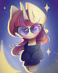 Size: 1700x2150 | Tagged: safe, artist:miryelis, derpibooru import, moondancer, pony, unicorn, big ears, bust, clothes, cute, ears, glasses, impossibly large ears, looking at you, simple background, sky, smiling, solo, stars, sweater