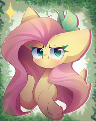 Size: 1700x2150 | Tagged: safe, artist:miryelis, derpibooru import, fluttershy, butterfly, pegasus, pony, big ears, blushing, bust, cute, ears, female, impossibly large ears, leaves, long hair, looking at you, mare, shy, shyabetes, simple background, solo