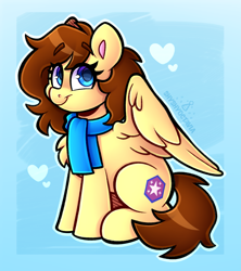 Size: 2669x3005 | Tagged: safe, artist:shyshyoctavia, derpibooru import, oc, oc only, pegasus, pony, blue background, blue eyes, brown hair, brown tail, clothes, ears, ears up, female, hair, heart, mane, mare, scarf, simple background, sitting, smiling, solo, tail, wings