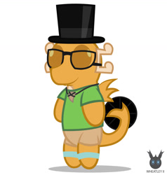 Size: 1255x1317 | Tagged: safe, artist:wheatley r.h., derpibooru exclusive, derpibooru import, oc, oc only, oc:myoozik the dragon, dragon, chibi, clothes, dragon oc, glasses, hat, male, non-pony oc, simple background, solo, top hat, vector, watermark, white background