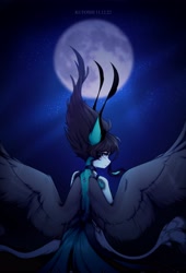 Size: 2791x4096 | Tagged: safe, artist:kutoshi, derpibooru import, oc, oc only, anthro, female, flying, hair, looking at you, looking back, looking back at you, mane, moon, solo, spread wings, wings