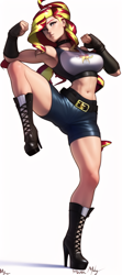 Size: 512x1152 | Tagged: safe, derpibooru import, generator:novelai, generator:stable diffusion, machine learning generated, sunset shimmer, human, equestria girls, boots, breasts, clothes, female, high heel boots, martial arts, muay thai, muscles, platform boots, shoes, shorts, simple background, solo, white background