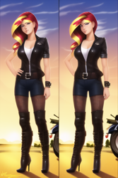 Size: 512x768 | Tagged: safe, derpibooru import, generator:novelai, generator:stable diffusion, machine learning generated, sunset shimmer, human, equestria girls, bicycle, biker jacket, boots, breasts, clothes, female, high heel boots, shoes, shorts, solo