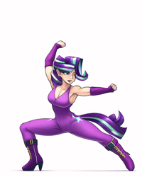 Size: 512x640 | Tagged: safe, derpibooru import, generator:novelai, generator:stable diffusion, machine learning generated, starlight glimmer, human, bare shoulders, boots, breasts, butterface, cleavage, clothes, female, fighting stance, high heel boots, humanized, kung fu, martial arts, shoes, simple background, sleeveless, solo, white background