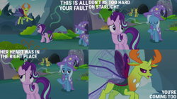 Size: 4400x2475 | Tagged: safe, derpibooru import, edit, edited screencap, editor:quoterific, screencap, starlight glimmer, thorax, trixie, changedling, changeling, to change a changeling, king thorax
