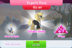 Size: 1263x854 | Tagged: safe, derpibooru import, golden gavel, vance van vendington, pony, unicorn, bundle, clothes, costs real money, english, gameloft, gem, glasses, horn, male, necktie, numbers, official, solo, solo focus, stairs, stallion, suit, text, tower