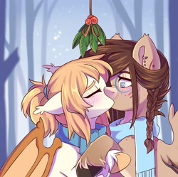 Size: 2048x2038 | Tagged: safe, artist:cheekipone, derpibooru import, oc, oc:honey milk, oc:ondrea, pegasus, pony, blushing, christmas, clothes, cute, duo, female, forest, holiday, holly, holly mistaken for mistletoe, kiss on the lips, kissing, lesbian, mare, oc x oc, scarf, shipping, snow, tribal markings