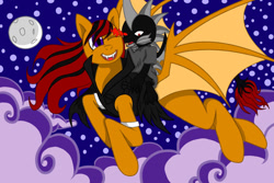 Size: 900x600 | Tagged: safe, artist:darknazawrath, derpibooru import, oc, oc only, bat pony, dragon, pony, bat pony oc, bat wings, clothes, dragon oc, full moon, male, moon, night, non-pony oc, riding, smiling, stars, story included, wings