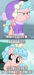 Size: 254x546 | Tagged: safe, derpibooru import, edit, edited screencap, screencap, cozy glow, pegasus, pony, frenemies (episode), marks for effort, angry, bait and switch, bow, caption, clothes, comic, cozy glow is not amused, cozybetes, cute, female, filly, foal, hair bow, image macro, imgflip, screencap comic, solo, tail, tail bow, text, unamused, vein, winter outfit