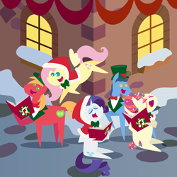 Size: 2160x2160 | Tagged: safe, anonymous artist, derpibooru import, big macintosh, fluttershy, rarity, toe-tapper, torch song, earth pony, pegasus, pony, series:fm holidays, series:hearth's warming advent calendar 2022, advent calendar, book, bowtie, caroling, christmas, eyes closed, female, fluttermac, hat, high res, holiday, holly, hood, lineless, male, mare, open mouth, open smile, pointy ponies, ponytones, shawl, shipping, singing, smiling, snow, stallion, straight, top hat