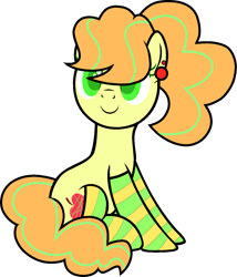 Size: 1112x1301 | Tagged: safe, artist:icicle-wicicle-1517, artist:yeetmedownthestairs, derpibooru import, oc, oc only, oc:apple needle, earth pony, pony, collaboration, 2023 community collab, clothes, colored, derpibooru community collaboration, ear piercing, earring, female, jewelry, mare, piercing, ponytail, simple background, sitting, socks, solo, striped socks, transparent background