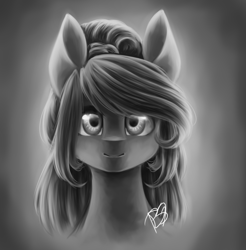 Size: 2015x2044 | Tagged: safe, artist:prettyshinegp, derpibooru import, oc, oc only, earth pony, pony, bust, earth pony oc, female, gradient background, grayscale, mare, monochrome, signature, smiling, solo