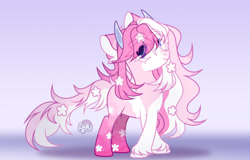 Size: 1280x820 | Tagged: safe, artist:emperor-anri, derpibooru import, oc, oc only, pony, ethereal mane, eye clipping through hair, female, horns, mare, smiling, solo, starry mane, unshorn fetlocks