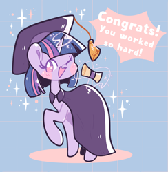 Size: 2537x2603 | Tagged: safe, artist:typhwosion, derpibooru import, twilight sparkle, pony, :d, cape, clothes, graduation cap, hat, one eye closed, open mouth, open smile, positive ponies, smiling, solo, sparkles