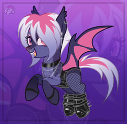 Size: 1280x1250 | Tagged: safe, artist:emperor-anri, derpibooru import, oc, oc only, bat pony, pony, bat pony oc, boots, chains, choker, ear piercing, earring, eyelashes, female, jewelry, mare, piercing, shoes, slit eyes, smiling, solo, zoom layer