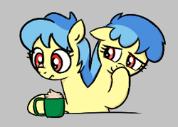 Size: 289x207 | Tagged: safe, artist:algoatall, ponerpics import, oc, oc only, oc:eeny meeny, oc:miney moe, earth pony, pony, conjoined, conjoined twins, cream, duo, female, gray background, identical twins, lowres, mug, multiple heads, siblings, simple background, sisters, twin sisters, twins