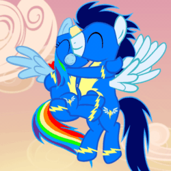 Size: 720x720 | Tagged: safe, artist:mlplary6, derpibooru import, rainbow dash, soarin', pegasus, pony, animated, caress, carrying, clothes, duo, eyes closed, female, flying, gif, heart, i can't believe it's not hasbro studios, male, mare, shipping, smiling, soarindash, stallion, straight, sunset, uniform, wonderbolts uniform