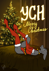 Size: 1640x2360 | Tagged: safe, artist:stirren, derpibooru import, anthro, unguligrade anthro, bed, bells, christmas, christmas tree, clothes, commission, dressing up, female, holiday, jingle bells, leotard, lying down, on back, onesie, pine tree, pinup, pulling, socks, solo, tree, your character here