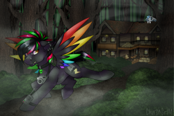 Size: 3000x2000 | Tagged: safe, artist:chvrchgrim, derpibooru import, oc, oc only, oc:krypt, oc:peace keeper, bat pony, pegasus, pony, cabin, camera, colored wings, dark background, detailed background, duo, fog, forest, forest background, lip piercing, looking back, multicolored hair, multicolored wings, piercing, radio, running, running away, scared, spooky, spread wings, tree, wings