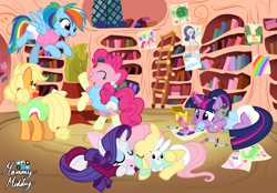 Size: 2360x1640 | Tagged: safe, artist:mommymidday, derpibooru import, applejack, fluttershy, pinkie pie, rainbow dash, rarity, twilight sparkle, earth pony, pegasus, pony, unicorn, abdl, adult foal, bow, crayon drawing, crayons, diaper, flying, golden oaks library, hair bow, lying down, mane six, on hind legs, onesie, pacifier, pigtails, plushie, ponytail, show accurate, show accurate porn, signature, sleeping, sleepover, traditional art