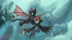 Size: 7680x4320 | Tagged: safe, artist:zlatdesign, derpibooru import, oc, oc only, oc:pyrolysis, oc:tristão, bird, dragon, griffon, toucan, beak, chest fluff, claws, cloud, couple, cute, dragon wings, fangs, fins, flying, griffon oc, happy, horn, horns, looking at each other, looking at someone, male, ocelot, open beak, open mouth, paws, scales, shipping, sky, slit eyes, smiling, tail, talons, toco toucan, toucan griffon, wings