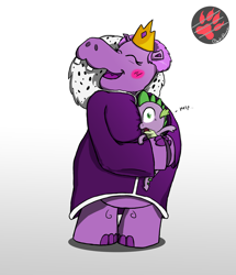 Size: 2200x2564 | Tagged: safe, artist:darkprinceismyname, derpibooru import, queen of the hippos, spike, dragon, hippopotamus, my little pony: the movie, crown, dialogue, eyelashes, eyes closed, female, floating heart, green eyes, hape, heart, help, hug, jewelry, male, open mouth, open smile, personal space invasion, regalia, ruff (clothing), simple background, size difference, smiling, suffocating, white background