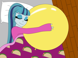 Size: 929x694 | Tagged: safe, artist:hakdurbin, derpibooru import, sonata dusk, human, equestria girls, adorasexy, balloon, bed, blanket, clothes, cuddling, cute, floor, happy, hug, nightshirt, pajamas, pillow, quilt, sexy, sleeping, taco