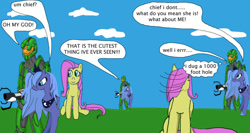 Size: 900x480 | Tagged: dead source, safe, artist:thet7770ify, derpibooru import, fluttershy, princess luna, alicorn, pegasus, pony, comic:master chief and luna hanging out, armor, artifact, cloud, crossover, dialogue, female, halo (series), it came from deviantart, jewelry, male, mare, master chief, misspelling, outdoors, portal (valve), portal gun, s1 luna, speech bubble, text, tiara, wat