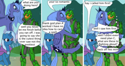 Size: 900x480 | Tagged: safe, artist:thet7770ify, derpibooru import, princess luna, trixie, alicorn, pony, unicorn, comic:master chief and luna hanging out, armor, artifact, cape, clothes, crossover, dialogue, female, halo (series), it came from deviantart, jewelry, male, mare, master chief, misspelling, misspelling of you're, outdoors, peytral, s1 luna, sitting, speech bubble, tiara, trixie's cape, wat